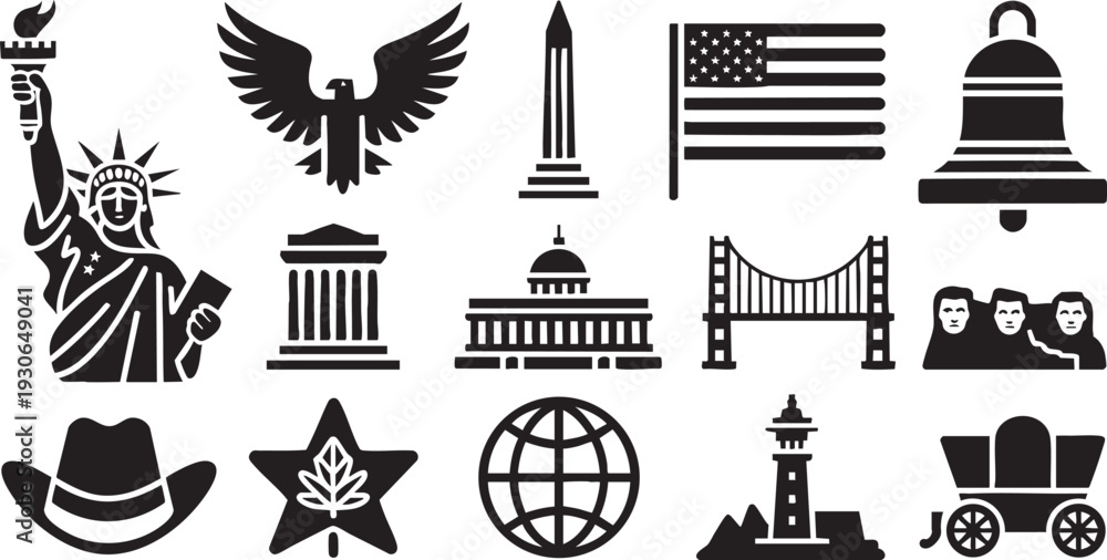 Fototapeta premium Collection of black silhouette icons representing various American and Canadian national symbols and landmarks on a white background.