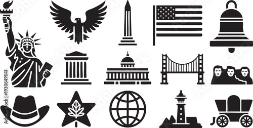 Collection of black silhouette icons representing various American and Canadian national symbols and landmarks on a white background.
