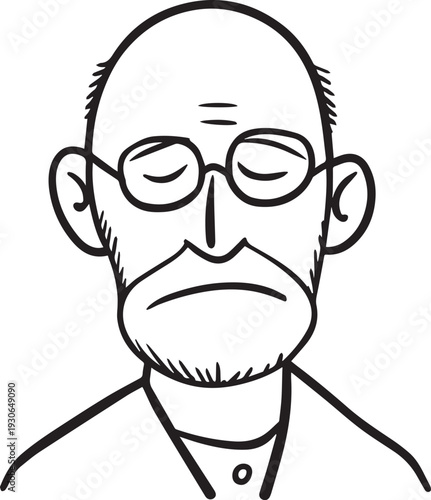 Hand Drawn Old Man Black and White Avatar Illustration in Minimal Line Art Style Design