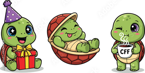 Cute Baby Turtle Cartoon Character Set with Gift Sleeping and Coffee Lover Kawaii Mascot for Stickers Kids Design and Animation