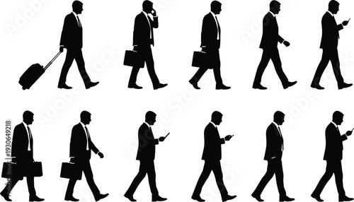 Businessman walking silhouette collection vector illustration, corporate man with briefcase and luggage isolated black professional people set