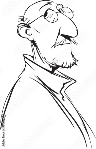 Hand Drawn Old Man Black and White Avatar Illustration in Minimal Line Art Style Design