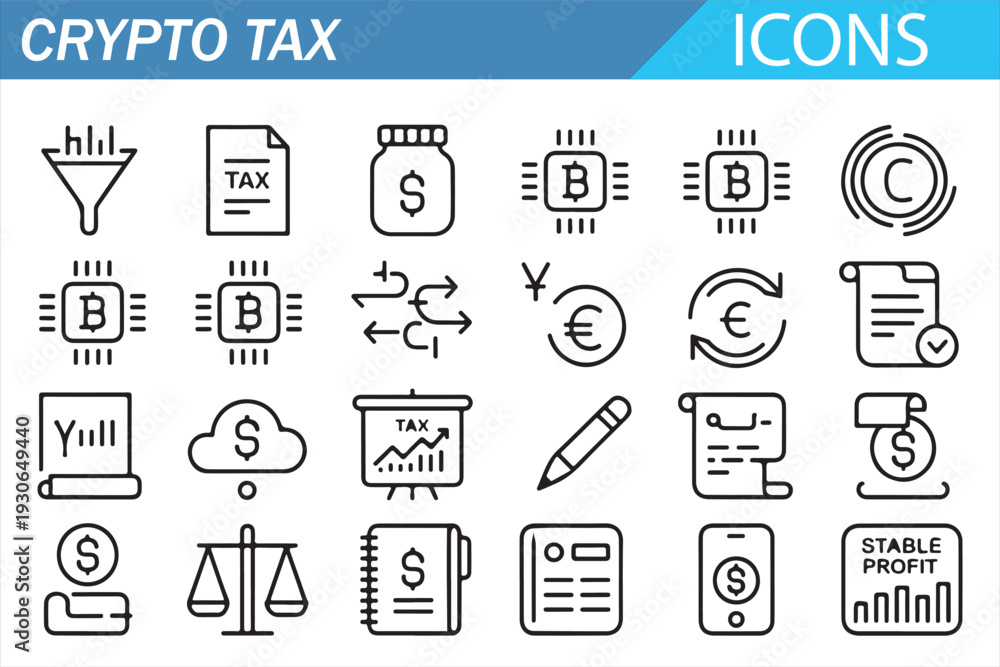 Fototapeta premium Cryptocurrency Tax Icons Collection with Bitcoin and Finance Line Symbols