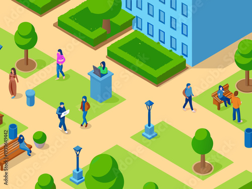 Isometric illustration of people relaxing and working in a public park