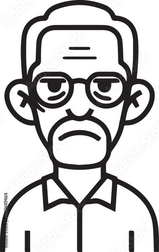 Hand Drawn Old Man Black and White Avatar Illustration in Minimal Line Art Style Design