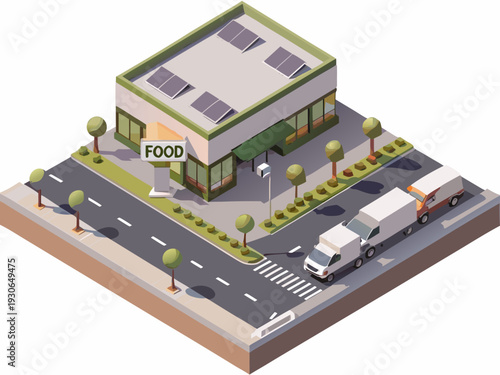 Isometric illustration of a small food store with a street and vehicles
