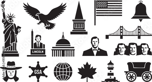 Collection of black silhouette icons representing various American and Canadian national symbols and landmarks on a white background.