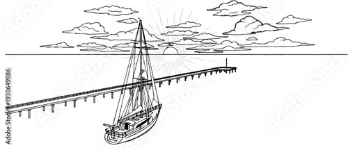 A sailboat approaches a pier extending into calm waters under a sky filled with clouds