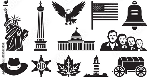 Collection of black silhouette icons representing various American and Canadian national symbols and landmarks on a white background.