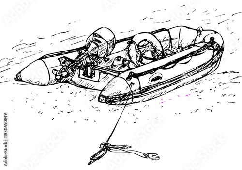 Moored single-engine inflatable boat with gear inside. Line ink drawing.