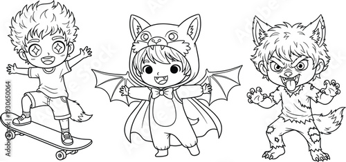 Cute Halloween Kids Characters Outline Set with Skateboard Boy, Bat Costume Child and Little Werewolf for Coloring Pages, Stickers and Cartoon Designs