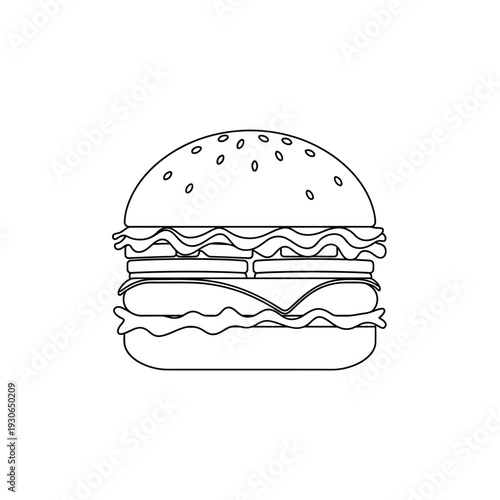 Detailed Illustration of a Classic Gourmet Burger with Lettuce, Tomato, and Bun for Food and Beverage Presentation