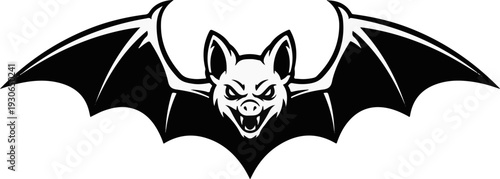 A black and white graphic of a menacing bat with outstretched wings and fangs