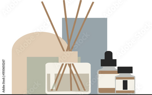 Aromatherapy Reed Diffuser and Essential Oil Bottle Vector Illustration with Modern Home Decor Elements for Spa Wellness Interior and Fragrance Branding Design