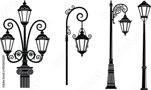 Vintage street lamp silhouettes vector illustration, ornate classic lantern posts isolated on white background decorative urban lighting design