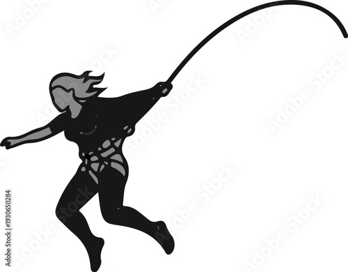 Female warrior with whip in dynamic pose, black and grey digital art