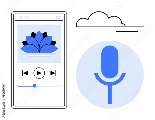 Podcasting, meditation, audio streaming, digital wellbeing, mobile applications, mindfulness tools. Smartphone showing a lotus flower icon next to a microphone illustration. Podcasting and meditation