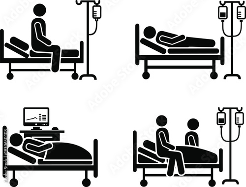 Hospital patient bed with IV drip icons vector illustration, medical healthcare treatment scenes isolated on white background