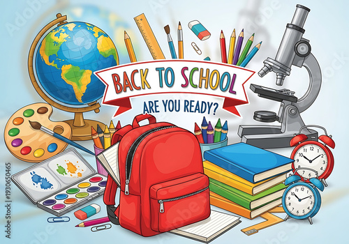 A colorful illustration of back to school supplies and a microscope
