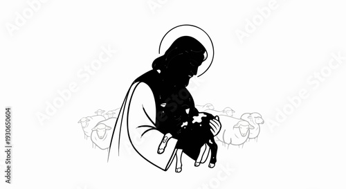 Figure with halo cradles a lamb; sheep gather behind him