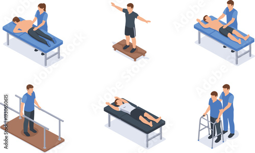 Physical therapy rehabilitation exercises vector illustration set, physiotherapist assisting patient recovery treatment in modern medical clinic