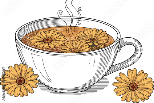 Chamomile Herbal Tea Cup Vector Illustration with Hand Drawn Flowers and Hot Beverage for Wellness Aromatherapy Natural Medicine and Cafe Menu Design