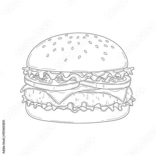 Detailed Line Drawing of a Delicious Cheeseburger with Lettuce and Tomato