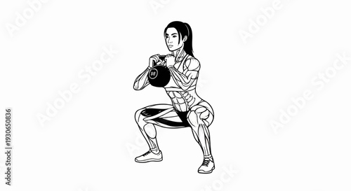 Muscular woman performs kettlebell squat, highlighting anatomical details