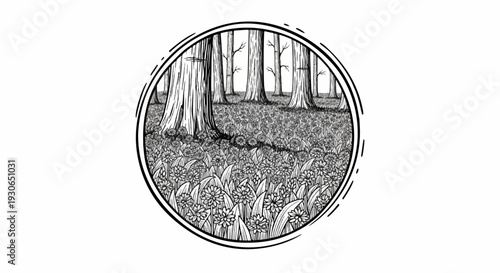 A circular black and white illustration depicts a dense forest floor covered in small flowers
