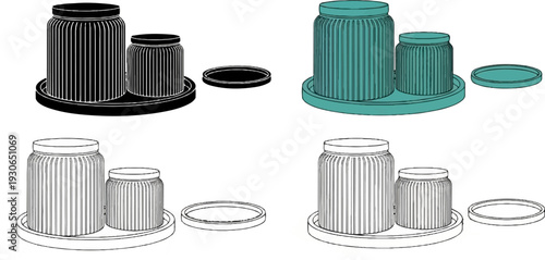 Four stylized representations of two glass jars with lids on circular trays