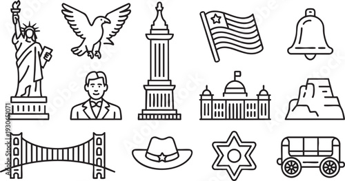 Collection of black silhouette icons representing various American and Canadian national symbols and landmarks on a white background.