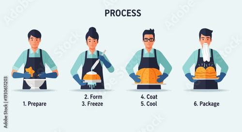Flat illustration showing four steps of food preparation and packaging
