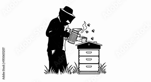 Beekeeper in protective gear tending to a tiered hive with buzzing bees