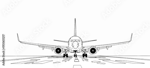 Front view outline of a jet airplane on a runway, ready for takeoff