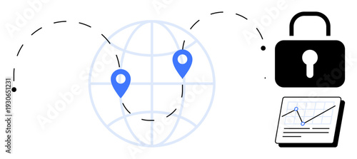 World map with location points and routes, padlock representing security, and analytics chart. Ideal for global networking, cybersecurity, data tracking, analytics, secure communication, digital