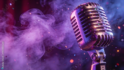 Microphone on Stage with Neon Lights and purple Smoke Background