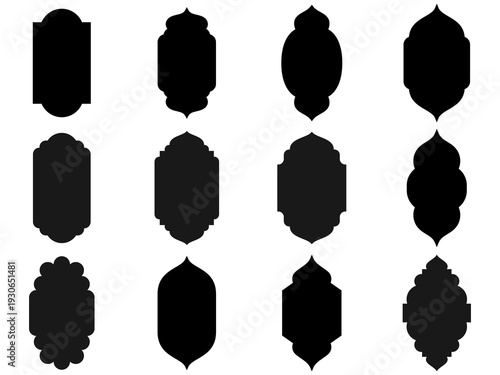 Islamic arch window frames set, pastel mihrab shapes, mosque niche silhouettes, decorative vector templates for Ramadan Eid design. Old islamic window shapes vector set in oriental style.