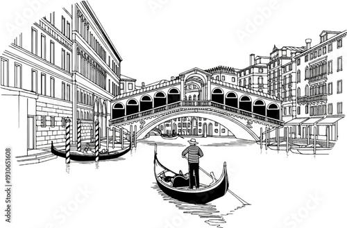 A classic European canal scene with a historic arched bridge and gondolas
