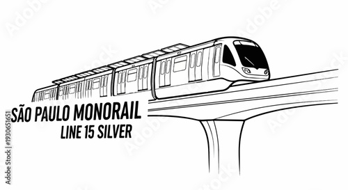 Futuristic monorail train glides along elevated track in a line drawing