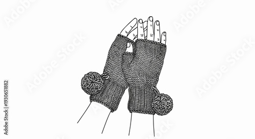 Knitted fingerless gloves with fluffy pom-poms on a white background