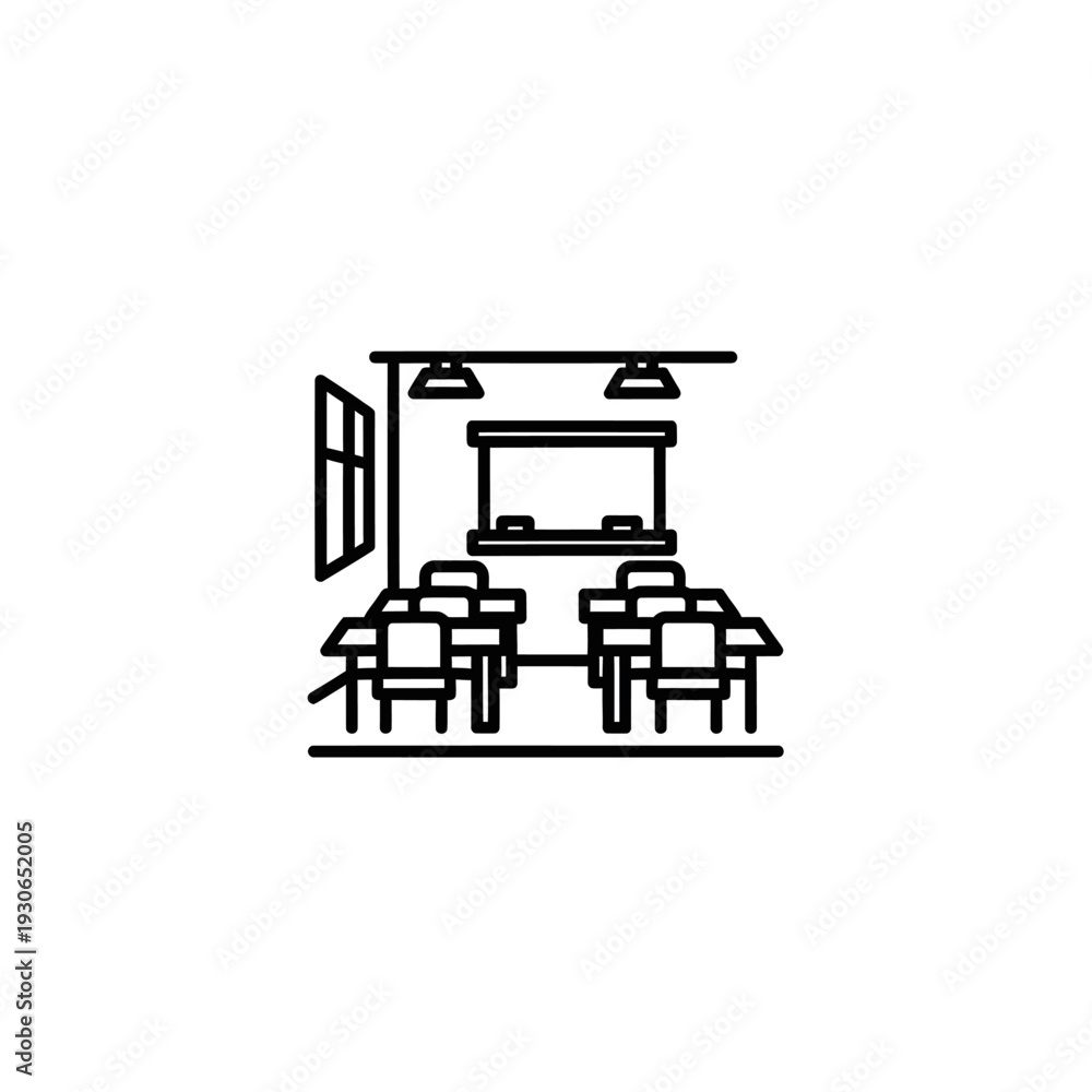 Fototapeta premium Minimalist Classroom Illustration with Desks and Window for Educational Settings