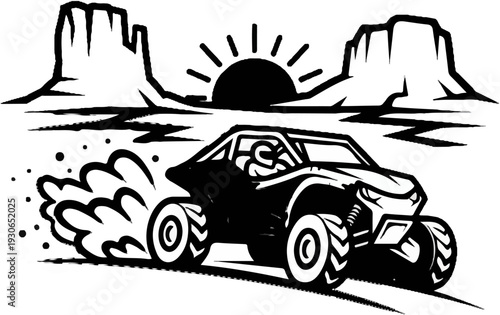 Off-road buggy kicks up dust against a desert sunset with mesas