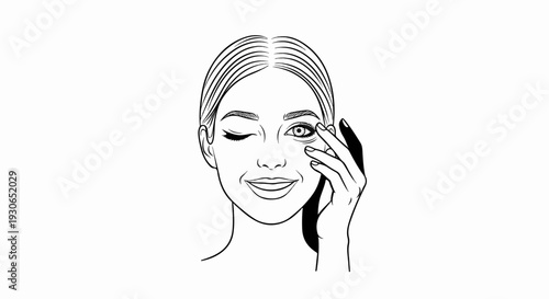 Line art drawing of a woman winking and touching her eye area