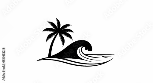 Silhouette of a palm tree and a breaking wave on a white background