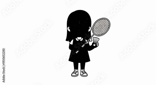 A stylized drawing of a person holding a badminton racket and shuttlecock