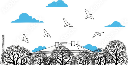 Line art of a building with trees and birds flying in the blue sky