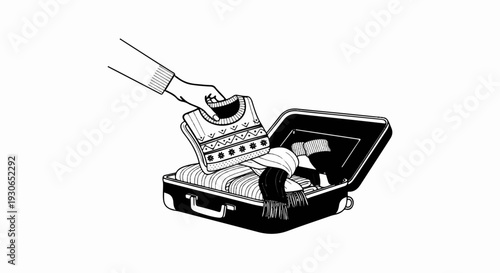 Hand places patterned sweater and scarf into open suitcase, packed with striped clothes