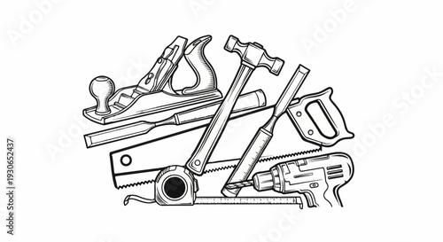 Hand-drawn collection of various carpentry tools arranged together