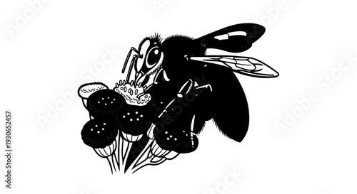Black and white illustration of a bee collecting nectar from small, dark flowers