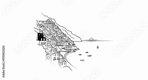 Black and white illustration of a coastal village nestled on a steep hillside by the sea